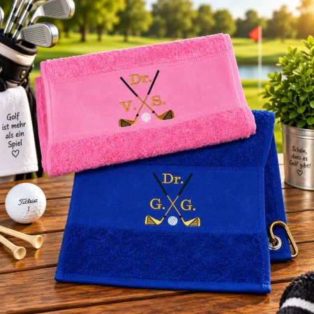 Golfhandtuch Golfschläger in Goldfarbe Personalisiert mit Initialen