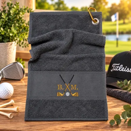 Golfhandtuch Dunkelgrau Golfschläger in Goldfarbe Personalisiert mit Initialen