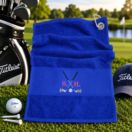 Golfhandtuch Blau Personalisiert mit Golfmotiv und Initialen
