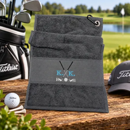 Golfhandtuch Dunkelgrau Personalisiert mit Golfmotiv und Initialen