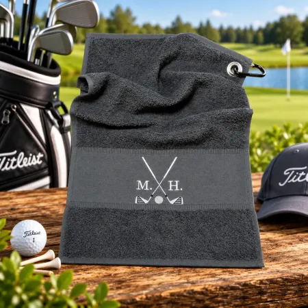 Golfhandtuch Dunkelgrau Personalisiert mit Golfmotiv und Initialen