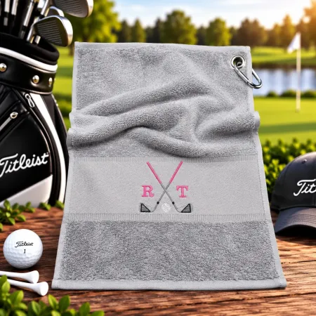 Golfhandtuch Hellgrau Personalisiert mit Golfmotiv und Initialen