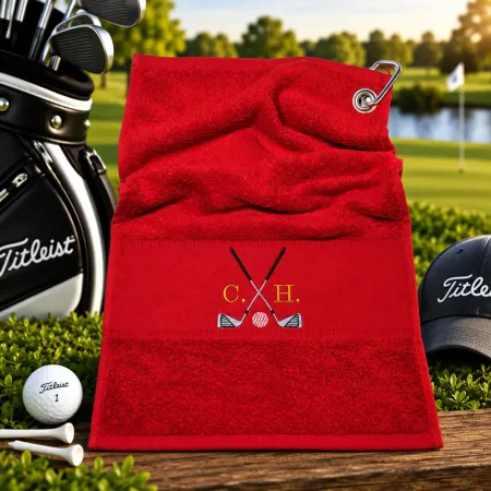 Golfhandtuch Rot Personalisiert mit Golfmotiv und Initialen
