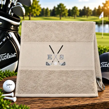Golfhandtuch Sand Personalisiert mit Golfmotiv und Initialen