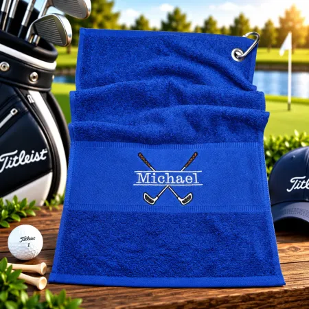 Golfhandtuch Blau Personalisiert mit Golfmotiv und Name