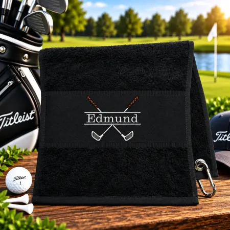 Golfhandtuch Schwarz Personalisiert mit Golfmotiv und Name