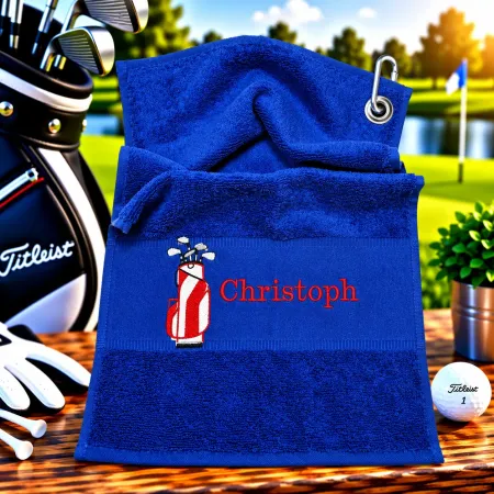 Golfhandtuch Blau Personalisiert mit Golftasche und Namen Hellrot