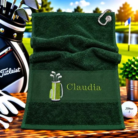 Golfhandtuch Dunkelgrün Personalisiert mit Golftasche und Namen in Hellgrün