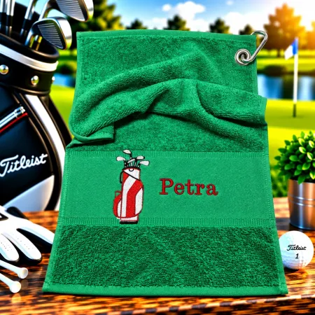 Golfhandtuch Grün Personalisiert mit Golftasche und Namen in Dunkelrot