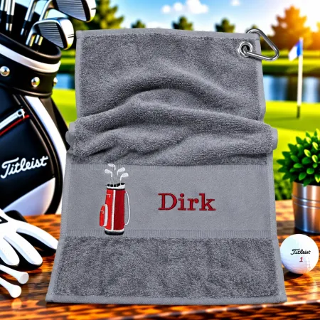 Golfhandtuch Mittelgrau Personalisiert mit Golftasche und Namen in Dunkelrot