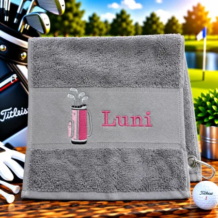 Golfhandtuch Mittelgrau Personalisiert mit Golftasche und Namen in Pink