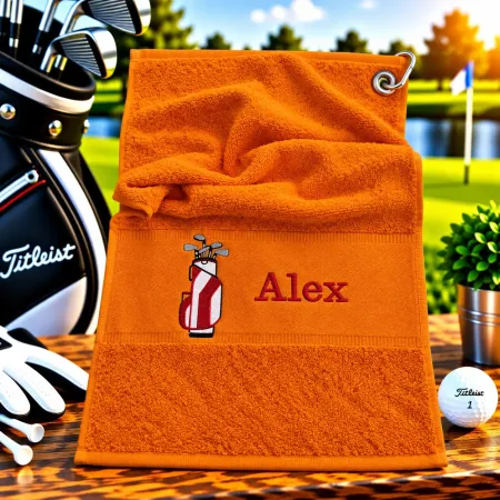 Golfhandtuch Orange Personalisiert mit Golftasche und Namen in Dunkelrot