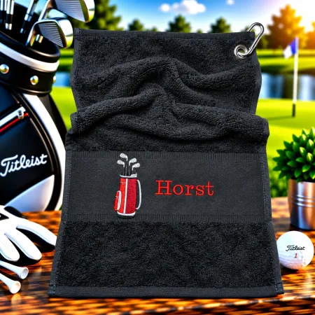 Golfhandtuch Schwarz Personalisiert mit Golftasche und Namen in Hellrot