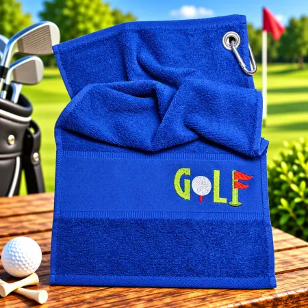 Blaues Golfhandtuch mit gesticktem Golfmotiv als Einzelstück