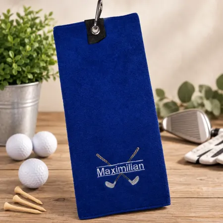 Royalblaues Golfhandtuch mit Name Maximilian in Weiß und Golfmotiv bestickt