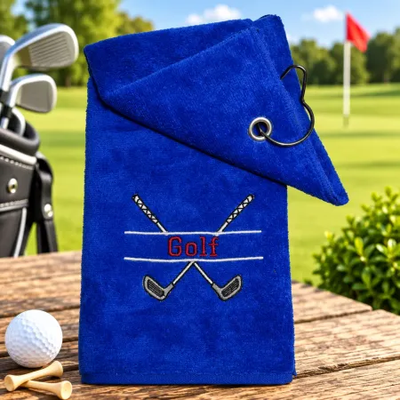 Blaues Golfhandtuch mit Schriftzug Golf in Dunkelrot bestickt
