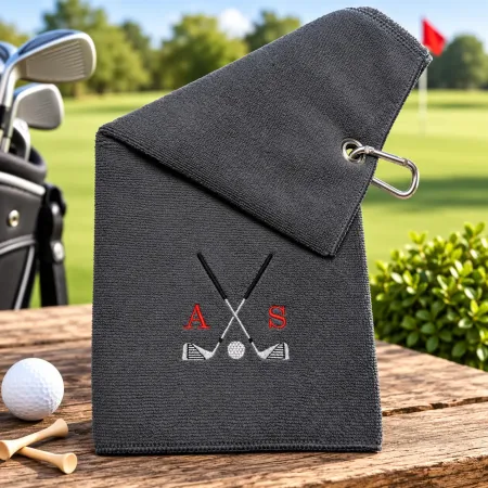 Graues Golfhandtuch mit Initialen A S in Hellrot bestickt