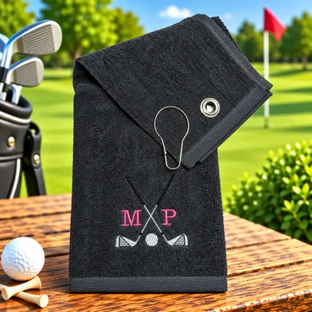 Graues Golfhandtuch mit Initialen M P in Pink bestickt