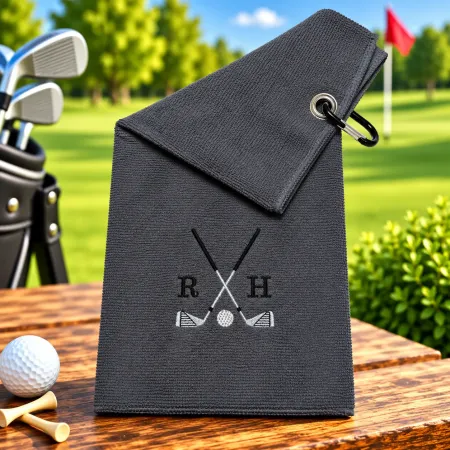 Graues Golfhandtuch mit Initialen R H in Schwarz bestickt