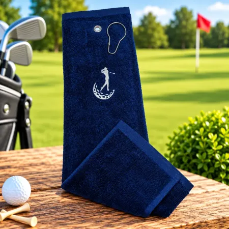 Marineblaues besticktes Golfhandtuch als versandbereites Einzelstück