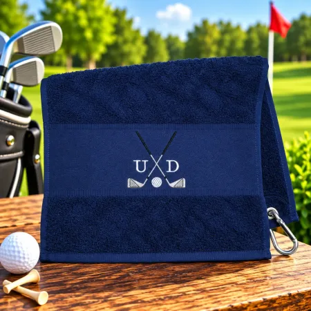 Marineblaues Golfhandtuch mit Initialen U D und Golfmotiv bestickt