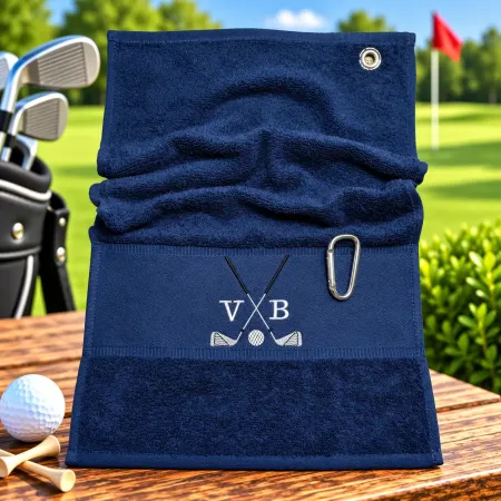 Marineblaues Golfhandtuch mit Initialen V B und Golfmotiv bestickt