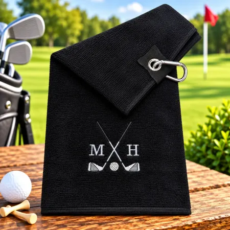 Schwarzes Golfhandtuch mit Initialen M H in Grau bestickt