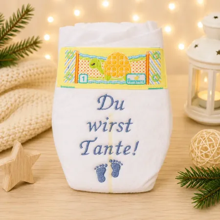 Personalisierte Windel Du wirst Tante mit Schleifenband zur Baby-Ankündigung.
