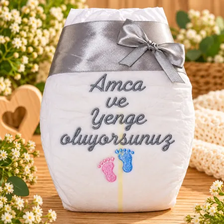 Bestickte Geschenk-Windel auf Türkisch mit der Aufschrift Amca ve Yenge Oluyorsunuz und kleiner Schleife zur Schwangerschaftsverkündung.