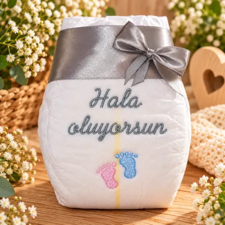 Bestickte Geschenk-Windel auf Türkisch mit der Aufschrift Hala Oluyorsun und kleiner Schleife zur Schwangerschaftsverkündung.