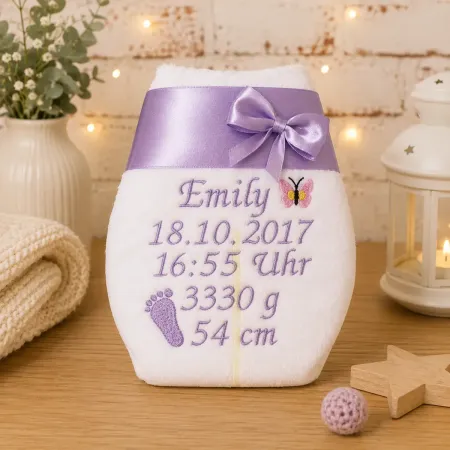Personalisierte Erinnerungswindel in Flieder für Mädchen mit Name und Geburtsdaten.