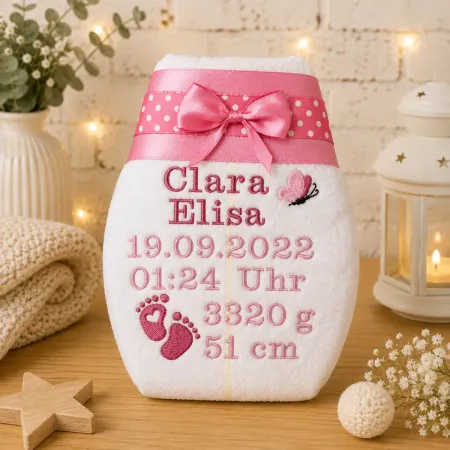 Erinnerungswindel in Pink für Mädchen mit Name und Geburtsdaten.
