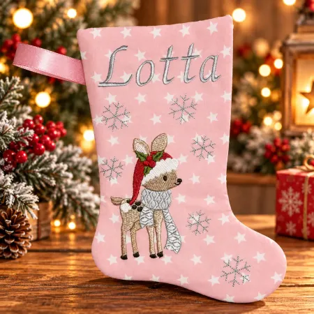 Wattierter altrosa Nikolausstiefel Größe S mit weißen Sternen, Rehmotiv, Schneeflocken und grau gesticktem Namen Lotta