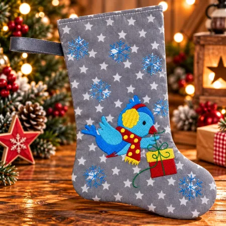 Grauer Nikolausstiefel Größe S mit weißen Sternen, blauem Wintervogel, Geschenk und Schneeflocken