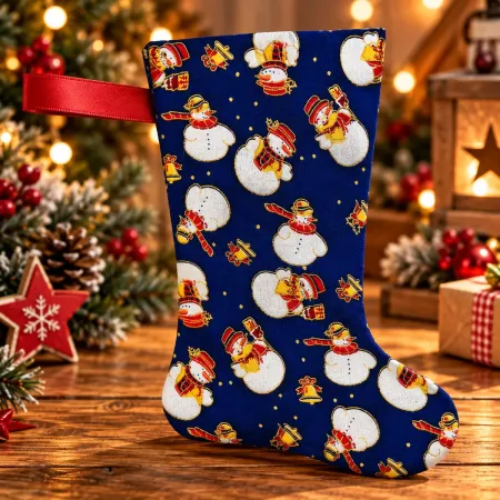 Dunkelblauer Nikolausstiefel Größe S mit buntem Schneemann-Muster und roter Aufhängeschlaufe