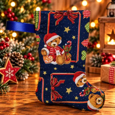 Wattierter dunkelblauer Nikolausstiefel Größe S mit Weihnachts-Teddybären, Geschenken und goldgelben Sternen