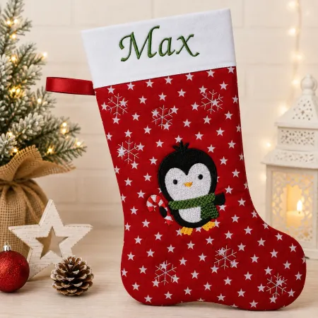 Preview: Bestickte Nikolausstiefel XXL Pinguin mit Name