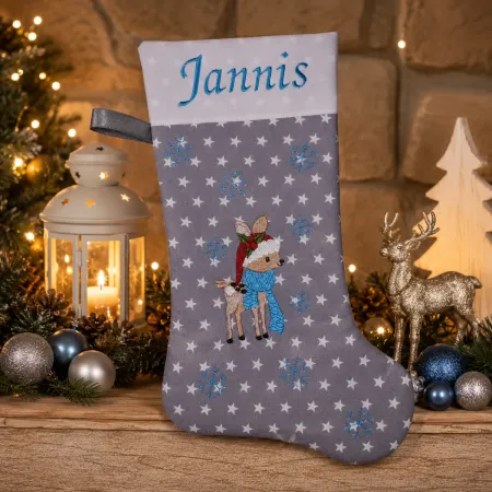 Nikolausstiefel Rentier Stofffarbe grau Name türkisblau