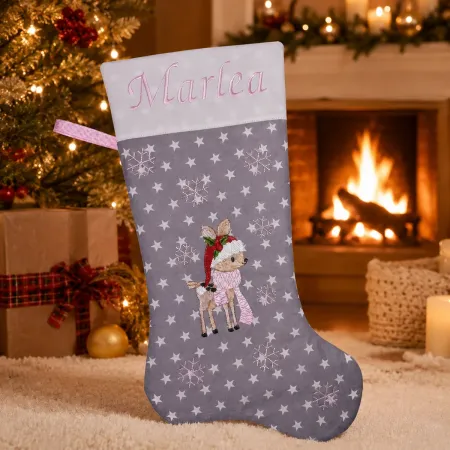 Nikolausstiefel Rentier Stofffarbe grau Name hellrosa