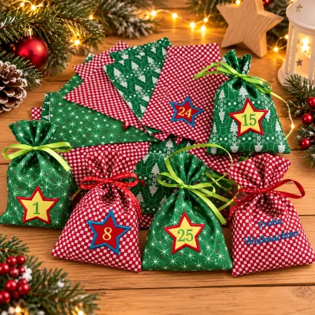 Adventskalender aus Stoff mit 26 Weihnachtssäckchen aus Baumwolle