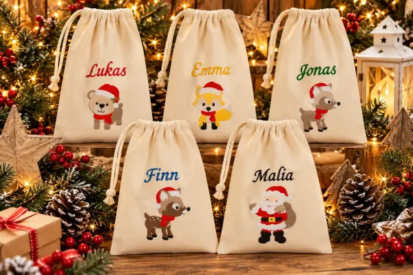 Weihnachtssäckchen mit Weihnachtsbär und Wunschname bestickbar