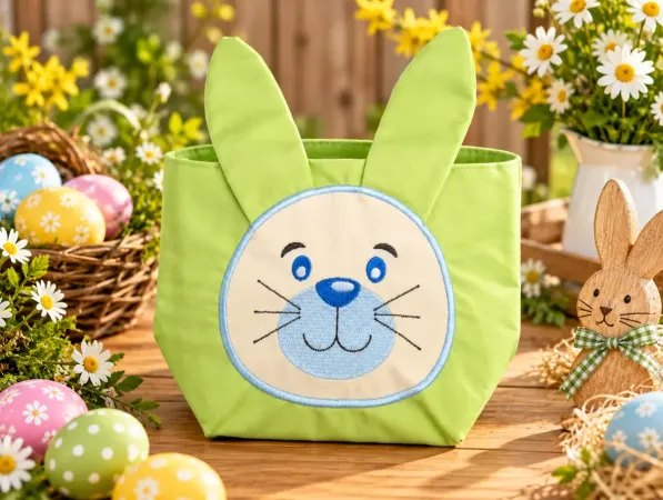 Hellgrüner Osterkorb mit langen Hasenohren und besticktem Hasengesicht in Blau
