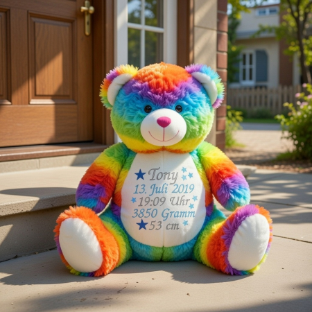Stofftier Regenbogenbär mit Name, Geburtsdaten und Sternen bestickt