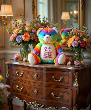 Personalisierter Regenbogenbär mit individueller Stickerei auf dem Bauch