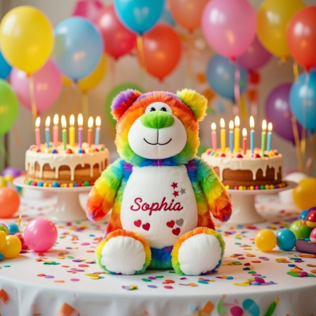 Stofftier Regenbogenbär mit Name und Geburtsdaten auf dem Bauch bestickt
