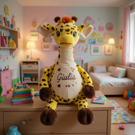 Personalisiertes Stofftier Giraffe mit Name und Geburtsdaten auf dem Bauch bestickt