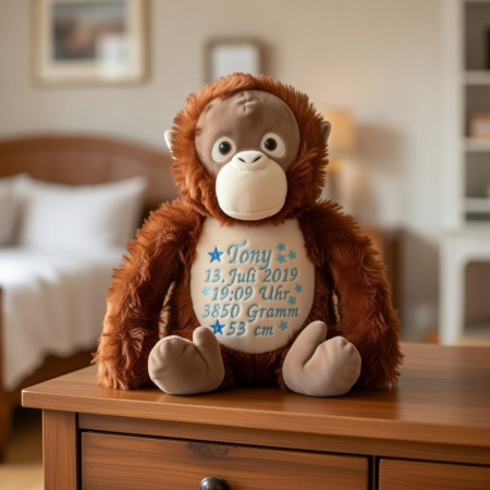 Stofftier Orang-Utan mit Name, Geburtsdaten und Sternen bestickt