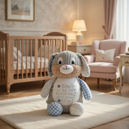 Stofftier Hase mit Name, Geburtsdaten und Sternen bestickt