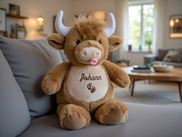 Stofftier Hochlandkuh mit Name und Geburtsdaten auf dem Bauch bestickt
