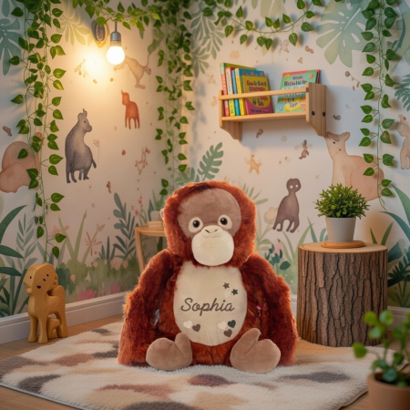 Stofftier Orang-Utan mit Name und Geburtsdaten auf dem Bauch bestickt